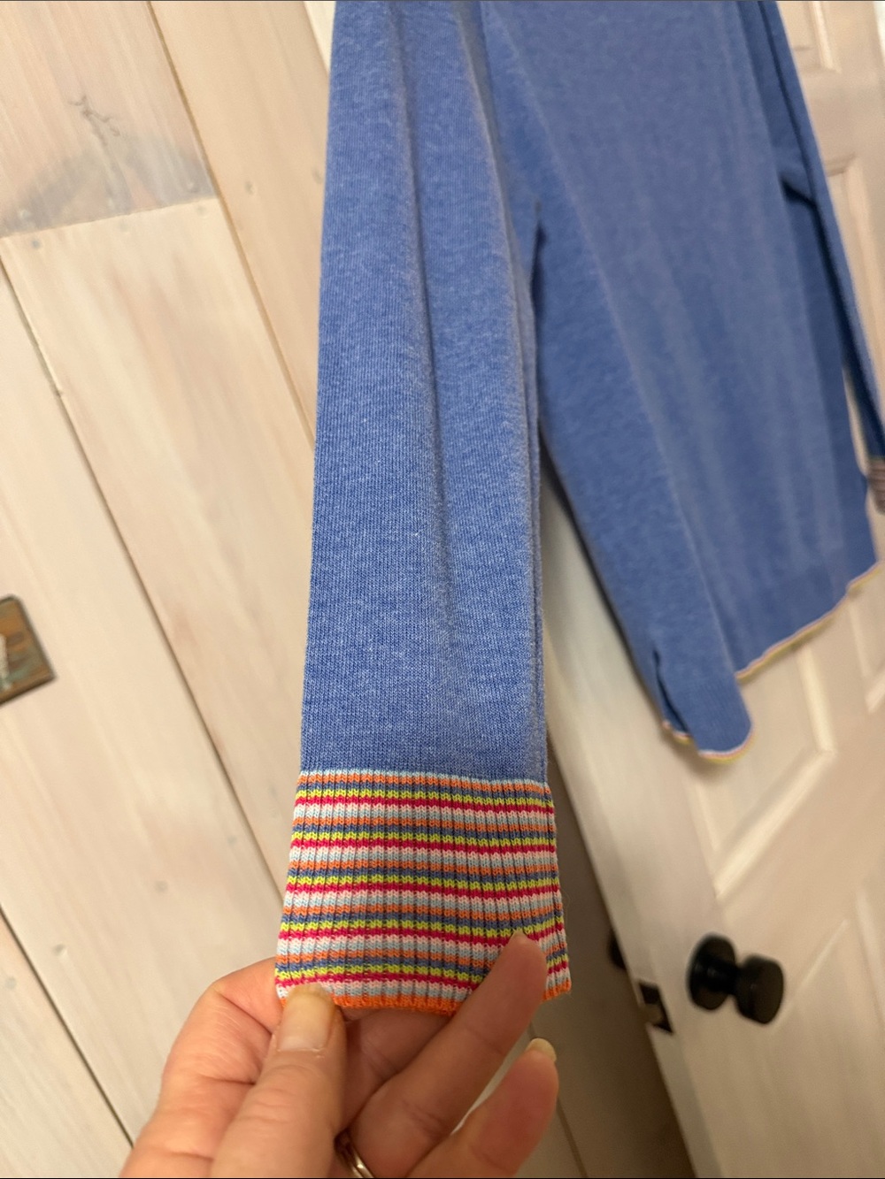 Blue V-Neck Sweater with Rainbow Ribbed Trim - Picture 4 of 6